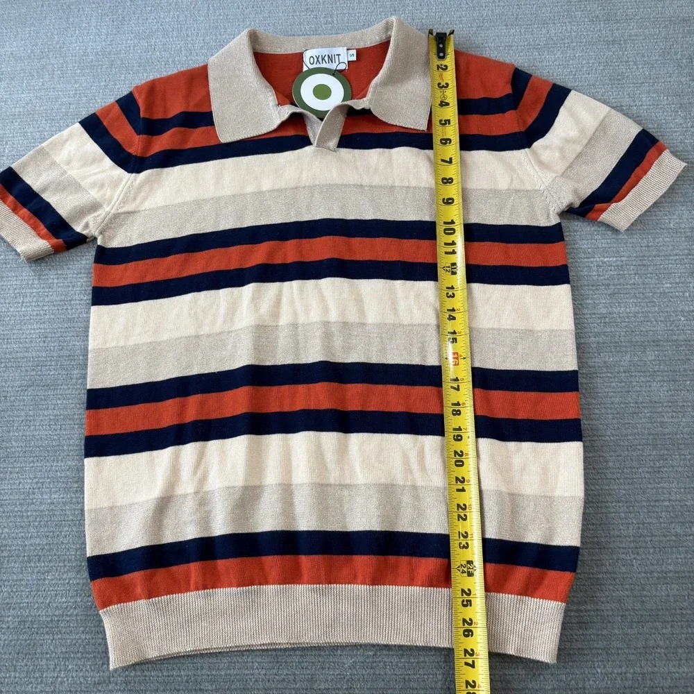Oxknit Polo Sweater Men S Striped Beige Blue Striped Collar Retro 70s Knit
